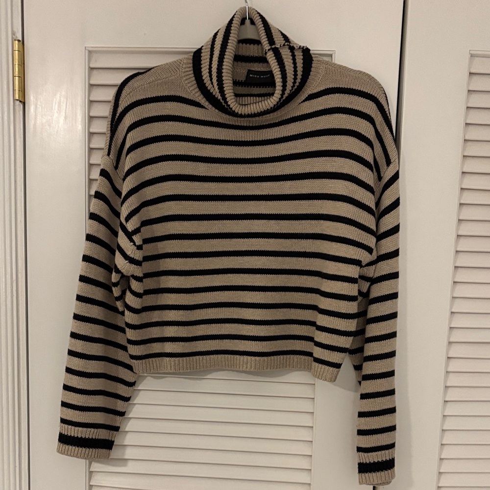 Miou Muse Striped Cropped Turtleneck Sweater in Black and Tan Small